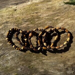 Handmade Wood Beaded Bracelet Set 6pc OS Brown Tan Boho Tribal Earthy Stretch